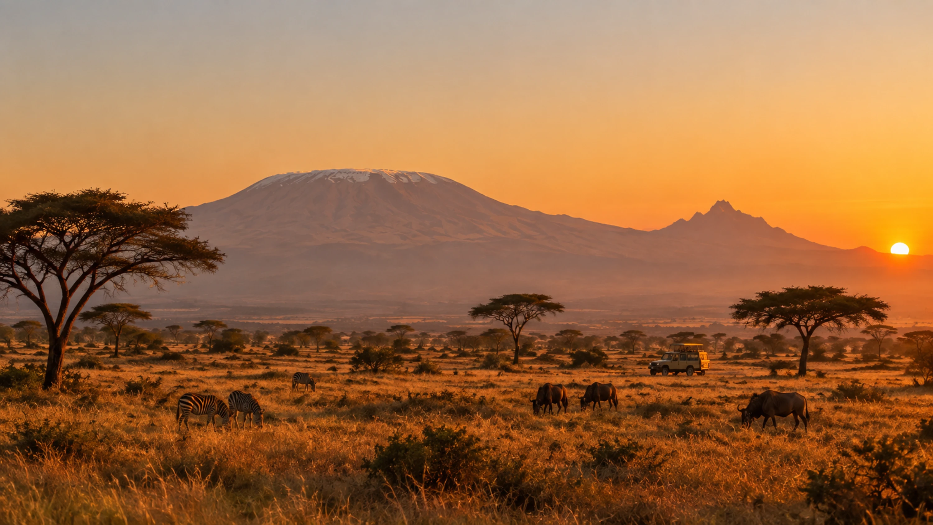 Savanna and Kilimanjaro, with a jeep on the plains